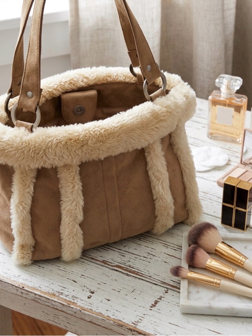 Bath and Body Plush Faux-Shearling Tote Bag in Camel